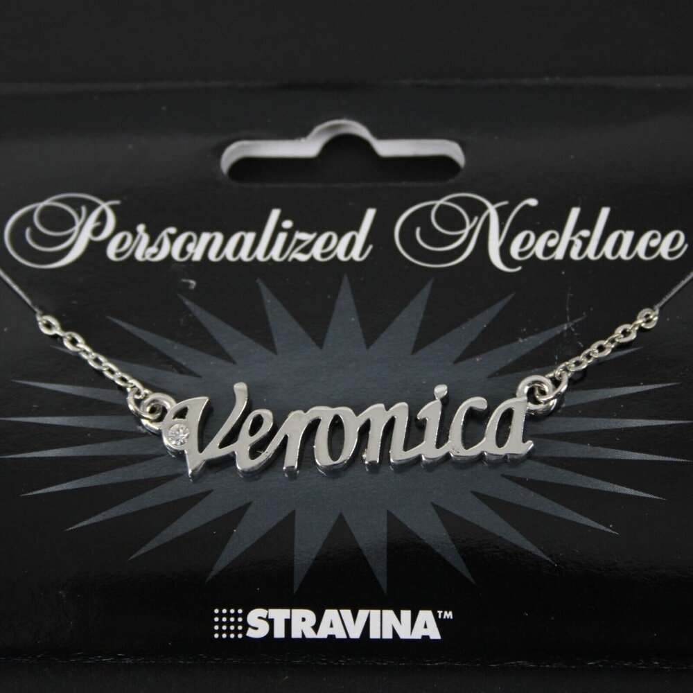 VERONICA Name Silvertone Rhinestone 14.5" w 4.5" Multi Ring Ext Necklace